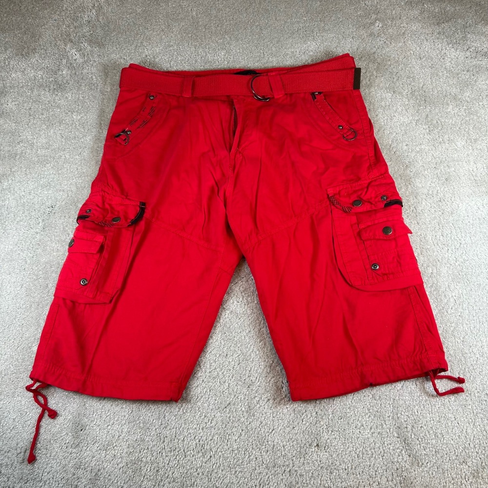 Vintage Vertical Cargo Shorts Mens 36 Red Utility Multi Pocket Belted Baggy Rave